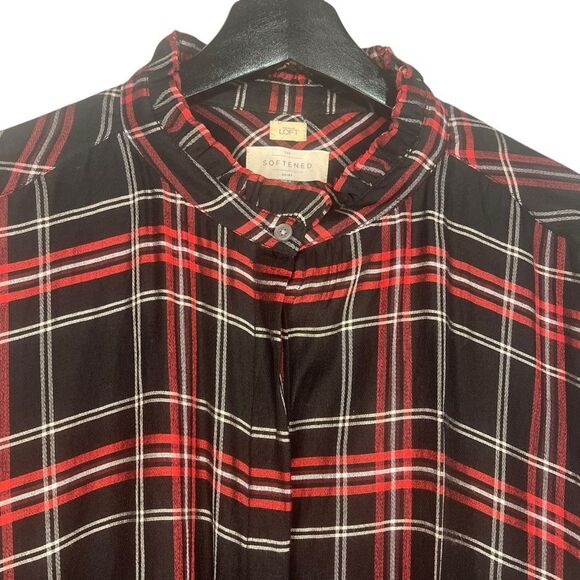 LOFT Softened Shirt Womens XL Plaid Ruffle Button Front Long Sleeve Black Red - Picture 2 of 6